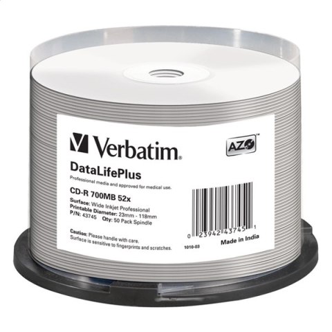 VERBATIM CD-R 700MB 52X AZO PRINTABLE DLP MEDI DISC CAKE*50 43745 PRO