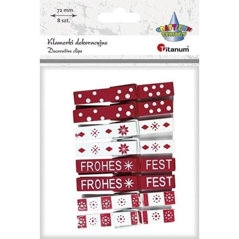 Klamerki drewniane białe, czerwone świąteczne 8szt