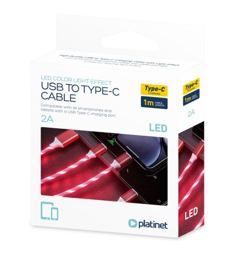 PLATINET USB A TO USB TYPE-C LED CABLE KABEL 1M 2A RED [45741]