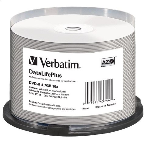 VERBATIM DVD-R 4,7GB 16X PRINTABLE DLP MEDI DISC CAKE*50 43744 PRO