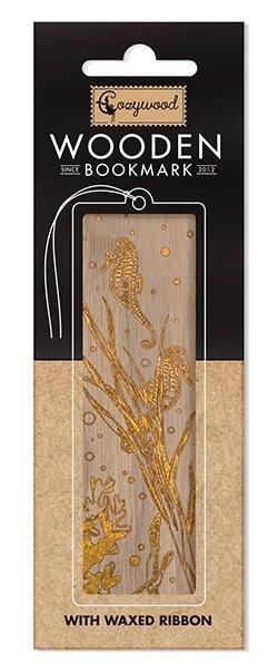 Zakładka drewniana złota Koniki morskie