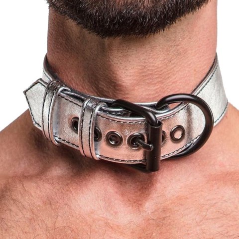 OBROŻA BONDAGE FETISH METALLIC PUP COLLAR WITH LEASH 24-0329