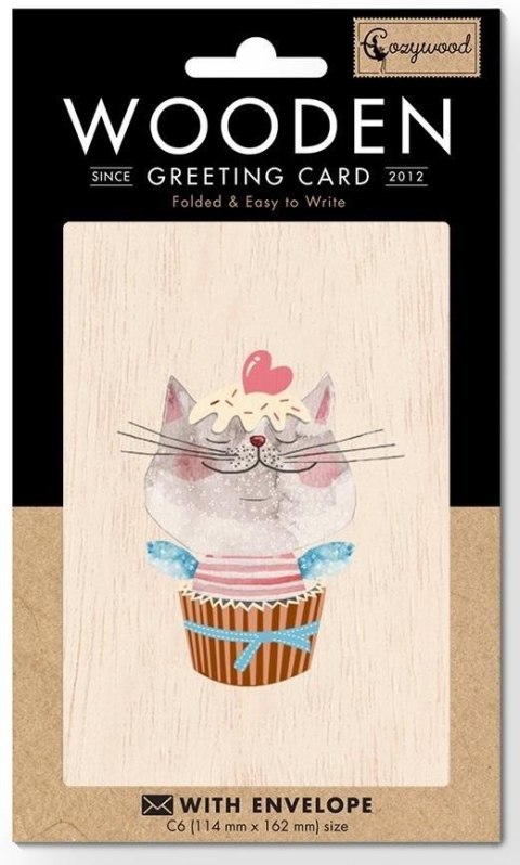 Karnet drewniany C6 + koperta Kot z sercem