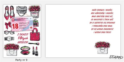 Karnet Party naklejany B6+koperta Urodziny 18 wz09