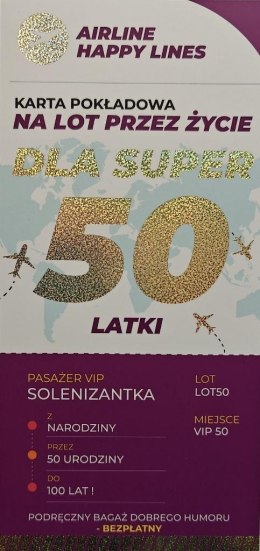 Karnet karta pokładowa 50 urodziny damskie