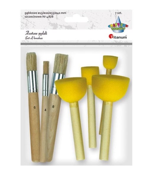 Pędzle szczecinowe okrągłe + gąbkowe mix 7szt
