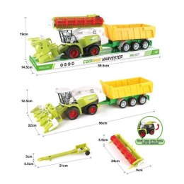 Zestaw kombajnów z czerwoną przyczepą