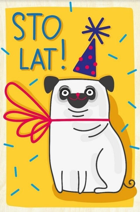 Drewniana kartka urodzinowa - Urodzinowy Mops