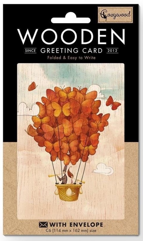 Karnet drewniany C6 + koperta Ślub Balon z motyli