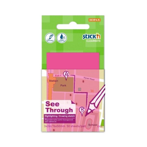 Notes samoprzylepny 51x76mm przezroczysty 50K róż
