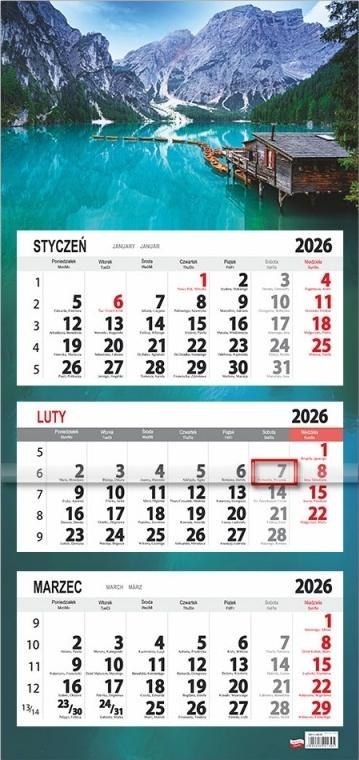 Kalendarz 2026 trójdzielny płaska główka Lazur