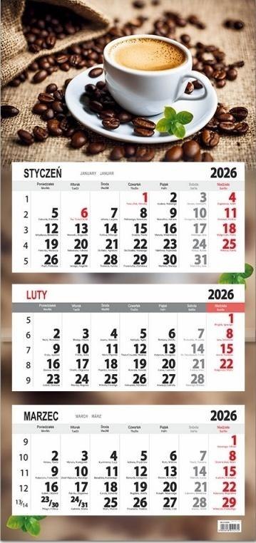 Kalendarz 2026 trójdzielny płaska główka Kawa