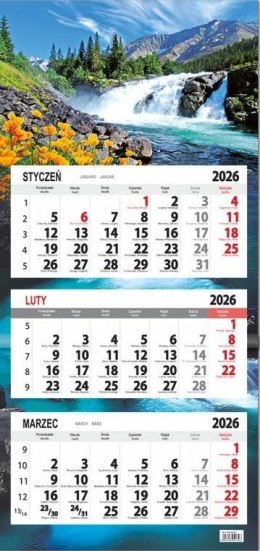 Kalendarz 2026 trójdzielny płaska główka Wodospad
