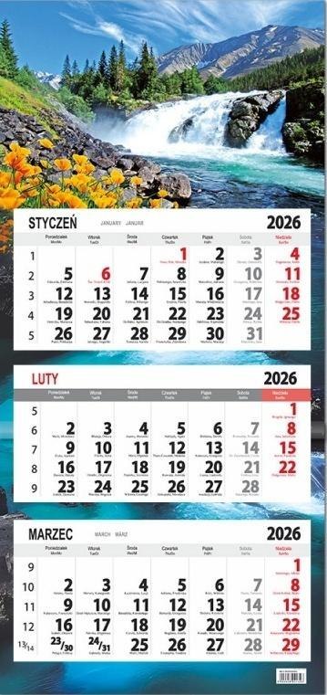 Kalendarz 2026 trójdzielny płaska główka Wodospad