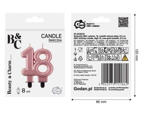 Świeczka B&C cyferka 18 metalik różowo-złota 8cm