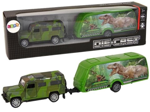 Jeep z przyczepą z dinozaurami