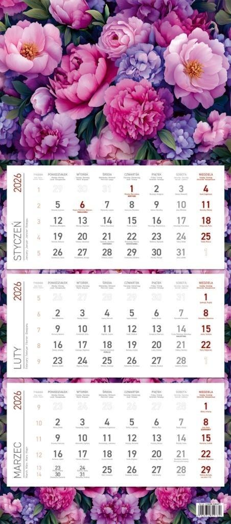 Kalendarz 2026 ścienny trójdzielny Kwiaty