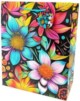 Torebka ozdobna matowa 26x32x12cm Kwiaty neon