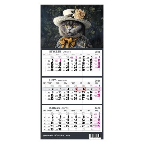 Kalendarz 2026 trójdzielny mały Kot