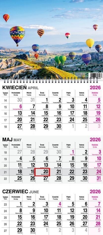 Kalendarz 2026 trójdzielny na spirali Balony