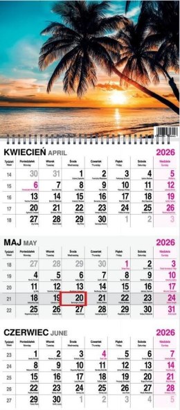 Kalendarz 2026 trójdzielny na spirali Palma