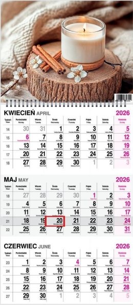 Kalendarz 2026 trójdzielny na spirali Świeczka