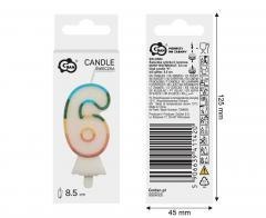 Świeczka cyfra 6 tęczowa 8,5cm