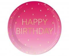 Talerzyki papierowe Pink Happy Birthday 23cm 8szt
