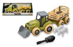 Traktor rolniczy z przyczepą i figurkami zwierząt