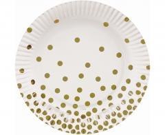 Talerzyki pap. białe Groszki złote 18cm 6szt