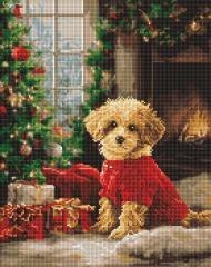 Diamentowa mozaika - Pudel przy choince 40x50cm