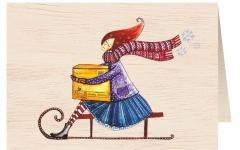 Karnet drewniany C6 + koperta Święta Kobieta Sanki