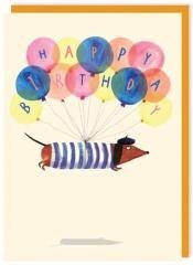 Karnet 267 Urodziny Latający jamnik z balonami
