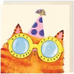 Karnet kwadrat 006 Urodziny Kot w okularach