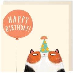 Karnet kwadrat 008 Urodziny Kot z balonem