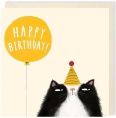 Karnet kwadrat 009 Urodziny Kot z żółtym balonem
