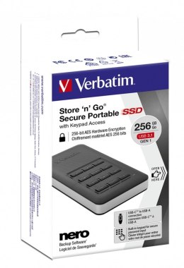 VERBATIM EXTERNAL SSD SECURE KEYPAD ACCESS PORTABLE 256GB USB 3.1 GEN1 53402