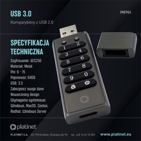 PLATINET PENDRIVE USB 3.2 PIN-Depo METAL HARDWARE ENCRYPTED AES 256 BIT 64GB [45649]