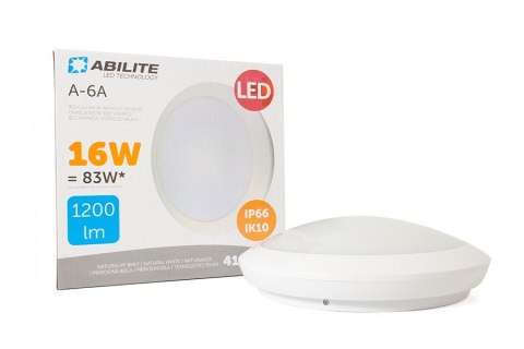PLAFON LED ABILITE A-6A B.NATURALNA 16W/230V 1200LM 160Â° IP66 IK10 KLOSZ PC BIAŁY